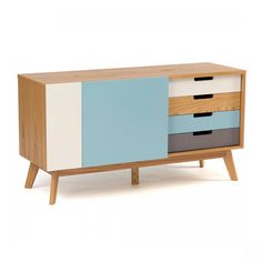 the sideboard has two drawers and is painted blue, white, and light brown