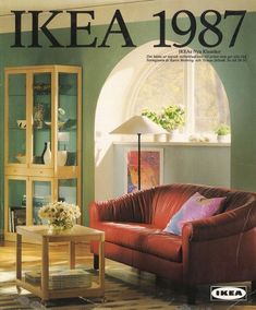 the cover of ikea's 1971 catalog shows a living room with red leather furniture