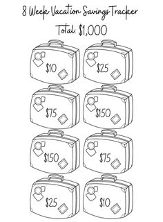 four suitcases are shown with the price for each item in front and bottom, along with