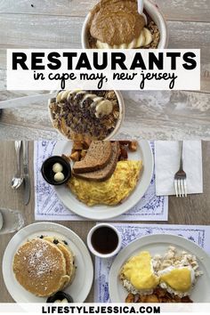 three plates with breakfast foods on them and the words restaurants in cape may, new jersey