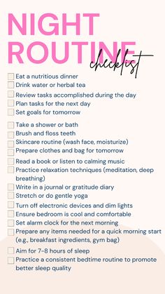 A night routine is essential for winding down and preparing for a restful sleep. 🌿💖 By establishing calming activities before bed, you signal to your body that it's time to relax. 🌸 This can include skincare, reading, or meditation. 🌼 Consistent routines improve sleep quality, reduce stress, and enhance overall well-being. 🌛 Embrace the tranquility of a structured night routine and wake up refreshed and ready to tackle the day. 🌟💤 This is a checklist for a night routine Night Routine Checklist For Women, Wake Up Early Routine, Easy Night Routine, Self Care Bedtime Routine, Relaxing Evening Routine, Night Time Routine Checklist, Winding Down Before Bed, Daily Night Routine, Bedtime Routine Checklist