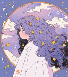 a drawing of a woman with long hair and stars in the sky