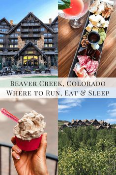 the beaver creek, colorado where to run, eat and sleep is featured in this postcard