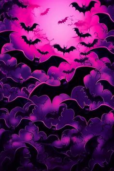 a purple and black background with bats flying in the sky