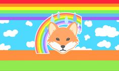 an image of a fox with a rainbow in the background and clouds on it's side