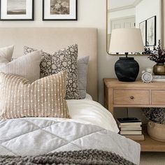 Colin and Finn Conyer Pillow Combo sitting on a king size bed with a beige headboard and a wood nightstand with black lamp. Colin And Finn, Casa Clean, Bedroom Designs, Master Bedrooms Decor, Kitchen Designs, Guest Bedroom, Home Decor Bedroom, Bedroom Makeover, Home Decor Inspiration