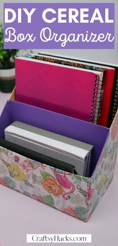 an organized box with the words diy cereal box organizer on it and flowers in the background