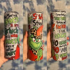 three shots of a person holding up a can with the words grin on it in different languages