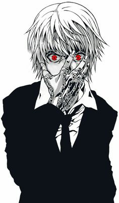 an anime character with red eyes holding his hand up to his face, while wearing a suit