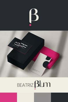 the logo for beatriz blun is shown in black and white, with pink accents