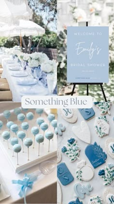 a blue and white wedding theme is featured in this collage with the words something blue