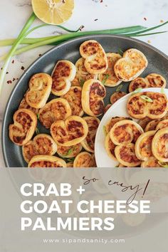 crab and cheese palmiers on a plate with lemon wedges in the background text overlay reads crab and easy goat cheese palmiers