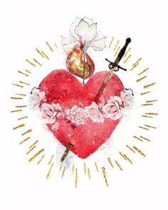 a painting of a heart with two swords and flowers on it, surrounded by gold sparkles