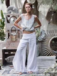 Women Linen Flare Slit Pants / Long Lounge Trousers / White Mediterranean Holiday, Long Lounge, Linen Wrap Top, Lounge Trousers, Bohemian Pants, Silk Clothes, Trousers White, Kimono Coat, White Linen Pants