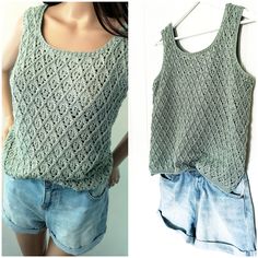 an image of a woman's tank top made from knitted material and denim shorts