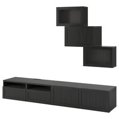 a black entertainment center with three shelves on each side and one shelf above the other