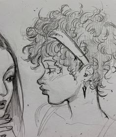 two drawings of people with curly hair and one has a headband on her head