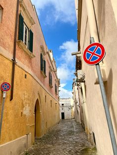 there is a street sign in the middle of this alley way that says no parking