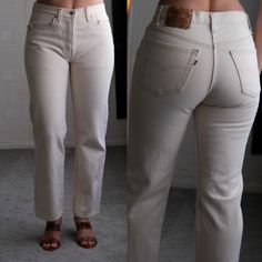 *FREE DOMESTIC SHIPPING Awesome vintage 80s Levis off white natural canvas cotton jeans. These jeans look to be unworn deadstock and absolutely timeless in a unique natural canvas pallet. Made in USA. Please refer to measurements below. <> Designer: Levis <> Made in USA <> 100% Cotton <> Size: Please refer to below measurements ( model wears 4-6, stands 5'8" ) <> Measurements: laying flat from left to right. *NOTE compare rise to where it will sit at your waist for accurate modern fit.      wais Button Fly Levis, Fitted Cream Cotton Jeans, White Retro Jeans With Relaxed Fit, White Relaxed Fit Retro Jeans, White Retro Relaxed Fit Jeans, Classic Cream Cotton Jeans, Vintage High Rise White Bottoms, White Vintage Jeans Relaxed Fit, Vintage White Cotton Bottoms