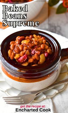 Baked Beans in a small handled crock with text overlays. Tangy Baked Beans, Crushed Pineapple, Baked Beans, Molasses, Brown Sugar, Side Dishes, Bacon, Pineapple, Sauce