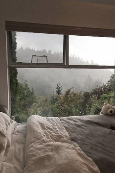 a teddy bear sitting on top of a bed in front of a window overlooking the forest