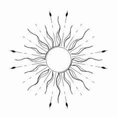 the sun with arrows coming out of it and pointing at it's center, in black and white