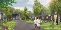 an artist's rendering of two women on bicycles in front of their houses and gardens