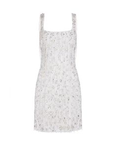 Thousands of shimmering moonbeam sequins and crystals shine on this refined mini dress. Fringing made of delicate glass beads hangs loosely and shimmers as you move. All of the embellishment is hand beaded by artisans, creating a dress that will be treasured for a lifetime. Featuring a square neckline and body skimming silhouette, the Eden Dress is the ultimate eveningwear piece and perfect for the modern bride. Material: 100% polyester White Dress With Crystals, Elegant Sparkling Mini Dress For Cocktail, White Crystal Embellished Mini Dress For Cocktail, White Sparkling Mini Dress For Evening, Sparkling White Evening Mini Dress, White Embellished Sequin Cocktail Dress, Elegant Sparkling Mini Dress, Sparkling Mini Wedding Dress, Luxury Sequin Mini Dress For Summer