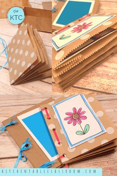 some brown paper bags are stacked on top of each other and have pictures attached to them