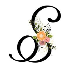 the letter e with flowers and leaves on it's uppercase is shown in black