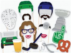 some paper masks are on sticks and one is holding a beer, the other has a pair of glasses