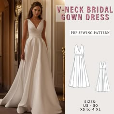 the v - neck bridal gown sewing pattern is available in sizes xs to 4xl