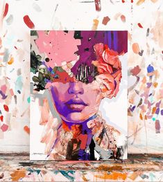 an abstract painting of a woman's face with flowers in her hair