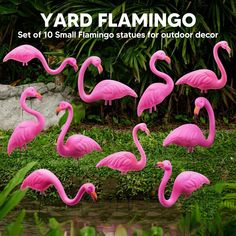 pink flamingos are standing in the water near some green plants and bushes, with text that reads yard flamingo set of 10 small flamingos statues for outdoor decor