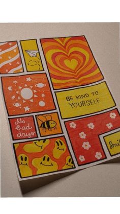 an orange and yellow greeting card with different designs