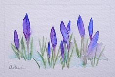 watercolor painting of purple flowers in the snow