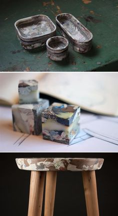 three different pictures of an old stool and some other things on the table with them