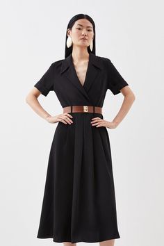 An Ode To Sophistication And Timeless Design, Soft Tailoring Immerses This Dress With Short Sleeves, A Notched Collar And Waist Belt Adding Touches Of Refinement Above And A Graceful Skirt That Flows To A Midaxi Hemline Below. Perfect For Emanating Poise At Professional Events And Special Occasions Alike.Soft Tailoringshort Sleevednotched Collar And Waist Belt Black Dress Corporate, Notched Collar Dress, Fit And Flare Dress With Sleeves, Black Ankle Boots With Jeans, Dresses For The Office, Belt With Dress, Architect Outfit, Tailoring Dress, Professional Dresses For Work