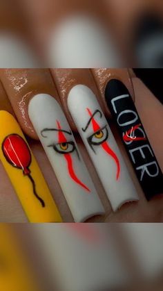 Halloween Horror Movie Nail art Design ideas Autumn Nails 2023, November Nail, Nails November, Horror Nails, Holloween Nails, Halloween Acrylic Nails, Art Designs Ideas, Long Acrylic Nail Designs, October Nails