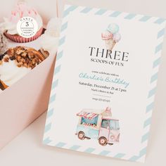 an ice cream truck themed birthday party is featured in the box, with cupcakes and muffins