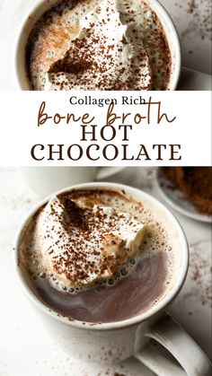 A cup of bone broth hot chocolate topped with whipped cream. Hot Chocolate With Almond Milk, Bone Broth Hot Chocolate, Healthy Hot Chocolate Recipe, Organic Bakery, Healthy Refreshing Drinks, Healthy Hot Chocolate, Cooking The Perfect Steak, Meat Diet