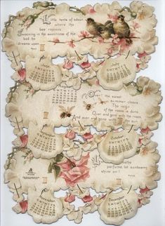 an old calendar with flowers and birds on the front, as well as numbers in the back