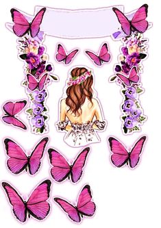 a girl surrounded by pink butterflies and purple flowers