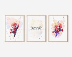 three spider - man wall art prints with the word's name in white letters