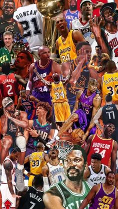 a collage of basketball players with different uniforms and numbers on their shirts, including the number