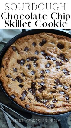 a chocolate chip skillet cookie in a cast iron skillet with text overlay