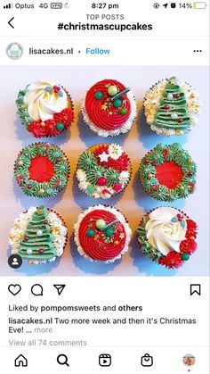 cupcakes with christmas decorations on them sitting in front of a tweet