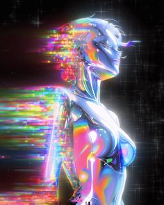 a futuristic woman standing in front of an abstract background with bright colors and lines on her body