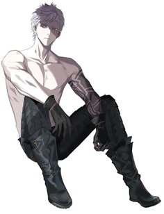 an anime character sitting on the ground with his legs crossed and wearing black leather boots