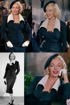 four pictures of marilyn monroe in black and white outfits, one is talking on the phone